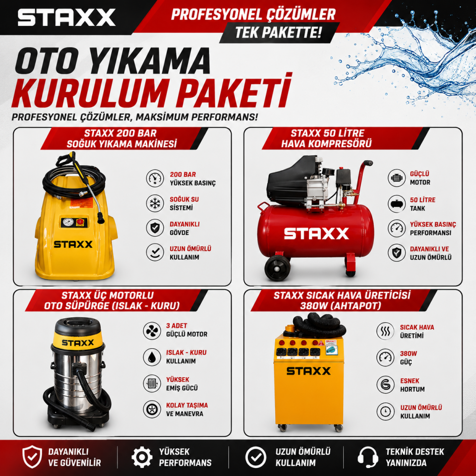 Oto Yıkama Kurulum Paketi 200 Bar Soğuk Yıkama Makinesi 50Lt Kompresör Islak Kuru Süpürge Full