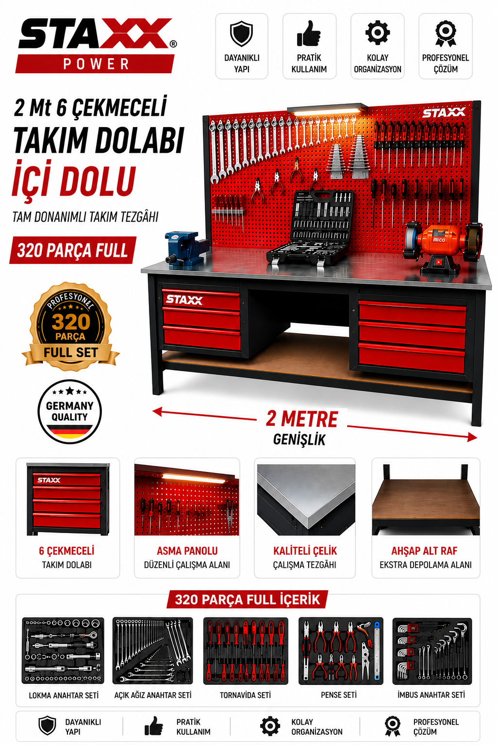 2 Metre 6 Çekmeceli 268 Parça Dolu Takım Tezgahı Full Profesyonel Set İzeltaş Anahtar Takımı