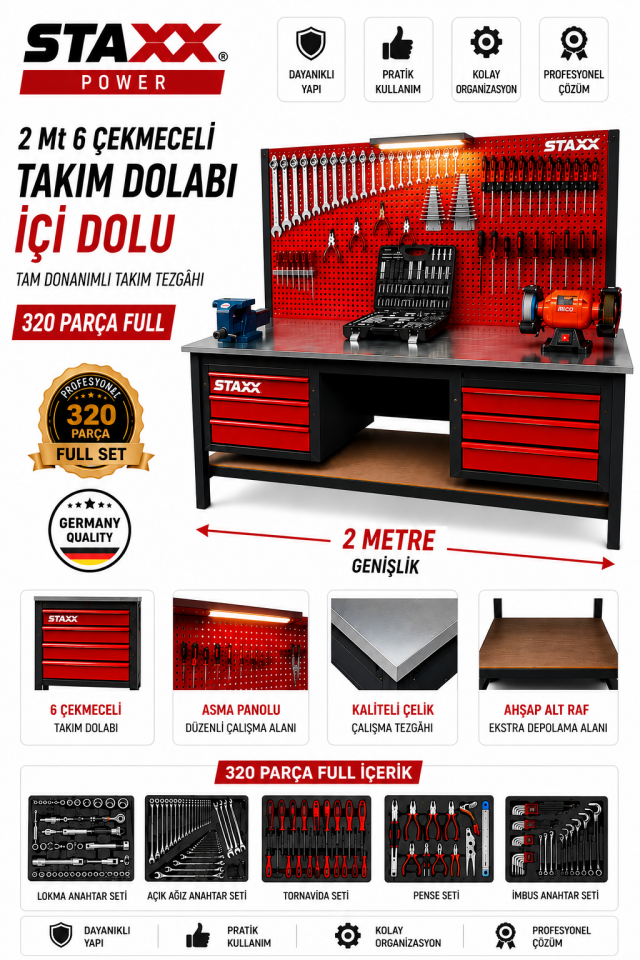 2 Metre 6 Çekmeceli 268 Parça Dolu Takım Tezgahı Full Profesyonel Set İzeltaş Anahtar Takımı