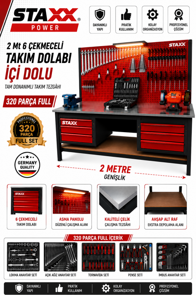 2 Metre 6 Çekmeceli 268 Parça Dolu Takım Tezgahı Full Profesyonel Set İzeltaş Anahtar Takımı