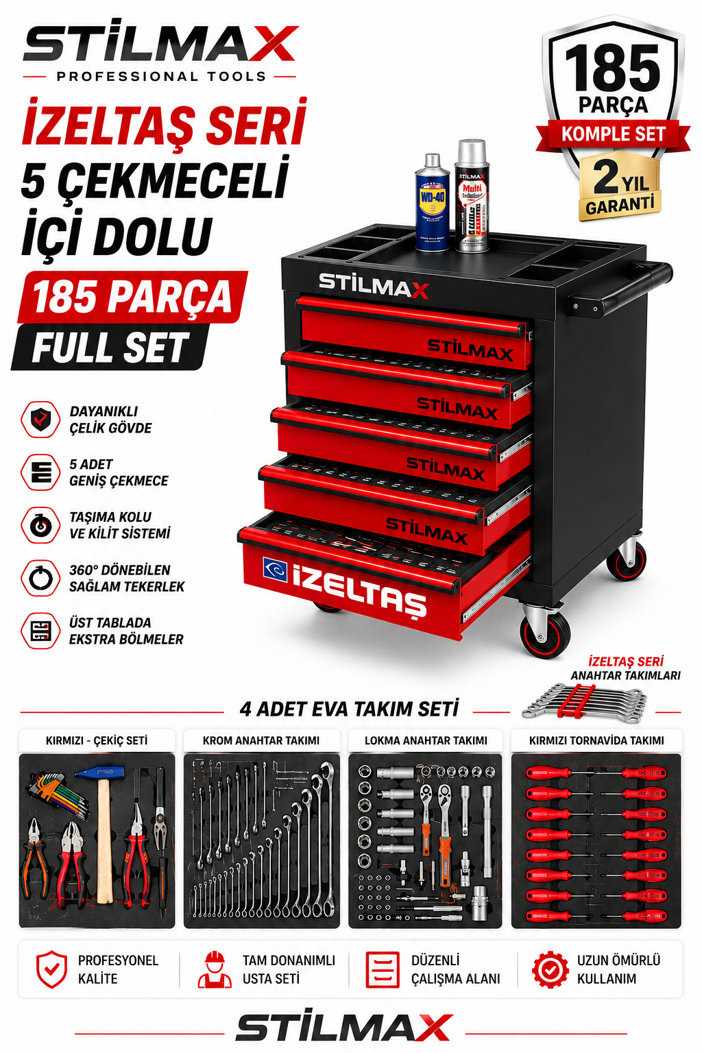5 Çekmeceli 185 Parça İzeltaş Seri XL Trend Dolu Takım Arabası Usta Servis Atölye Dolabı