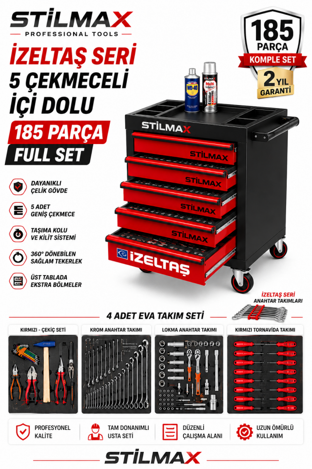 5 Çekmeceli 185 Parça İzeltaş Seri XL Trend Dolu Takım Arabası Usta Servis Atölye Dolabı