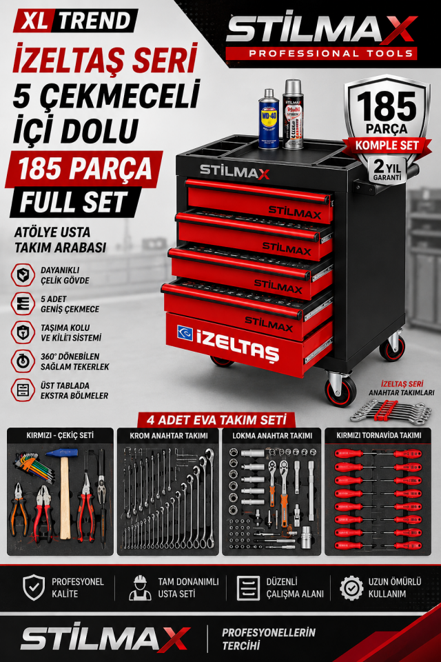 5 Çekmeceli 185 Parça İzeltaş Seri XL Trend Dolu Takım Arabası Usta Servis Atölye Dolabı