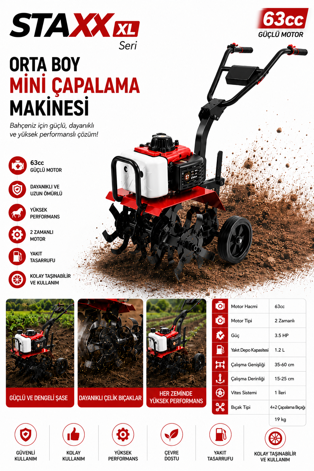 XL 63cc Benzinli Mini Çapa Makinesi 2 Zamanlı 20HPX Güçlü Şanzımanlı Bahçe Toprak İşleme 19 Kg
