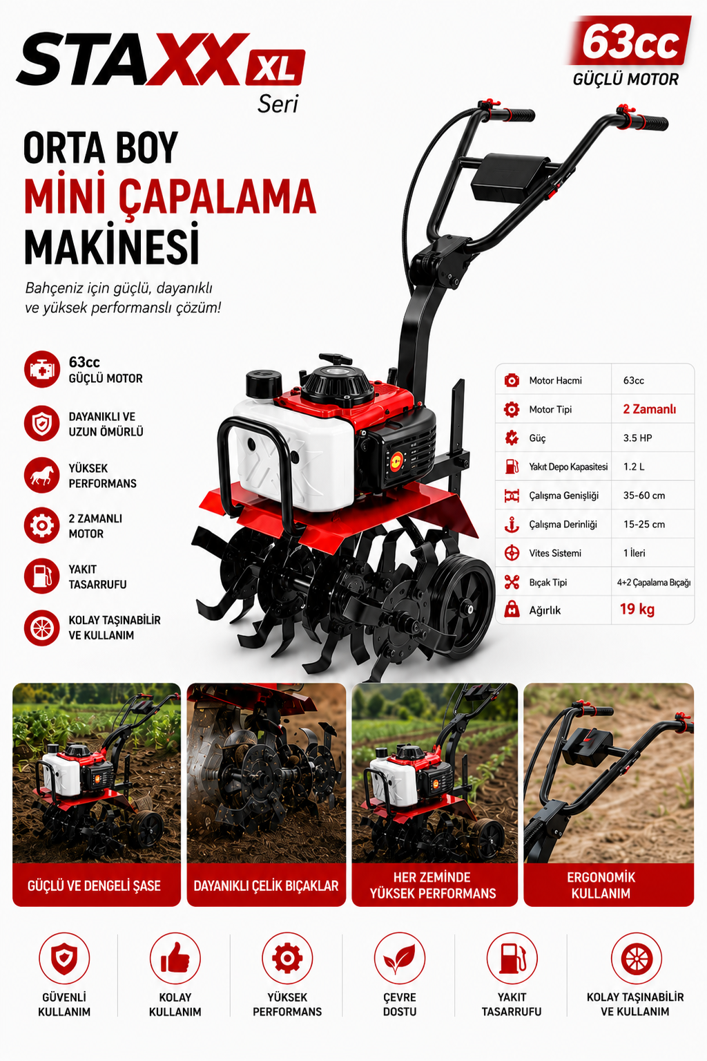 Staxx XL Seri Profesyonel Bahçe Çapa Makinesi 20HPX 63cc 2 Zamanlı Motorlu Kompakt Toprak İşleme 19Kg