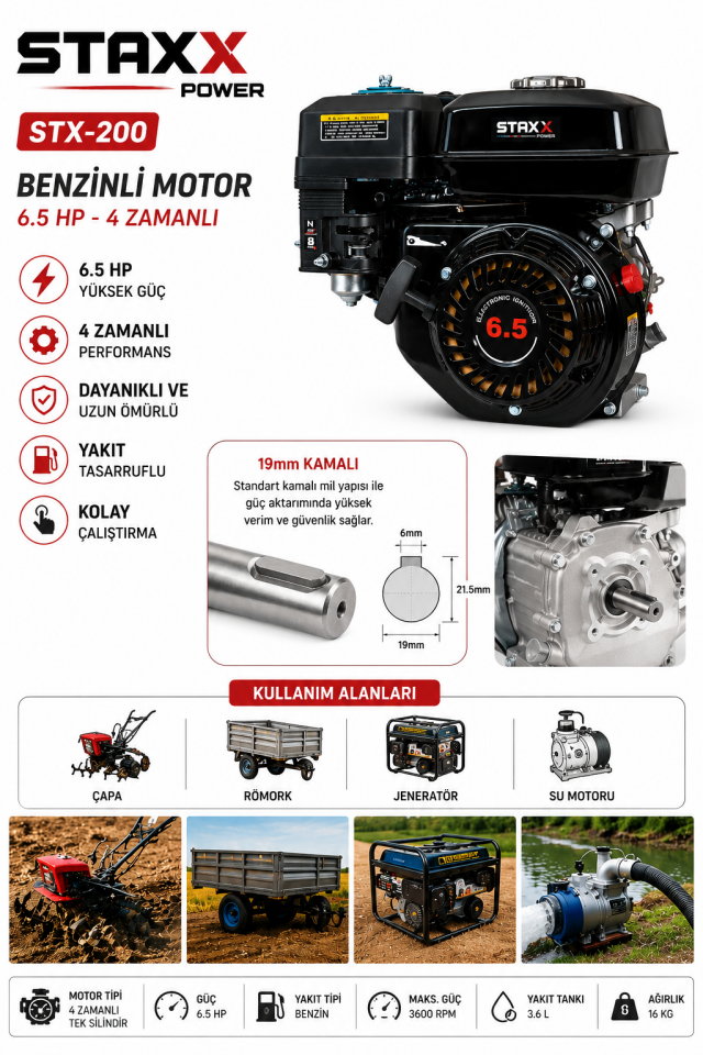 6.5HP Benzinli Motor 4 Zamanlı 19mm Kamalı Mil Go Kart -  Çapa-  Jeneratör - Su Pompası Motoru