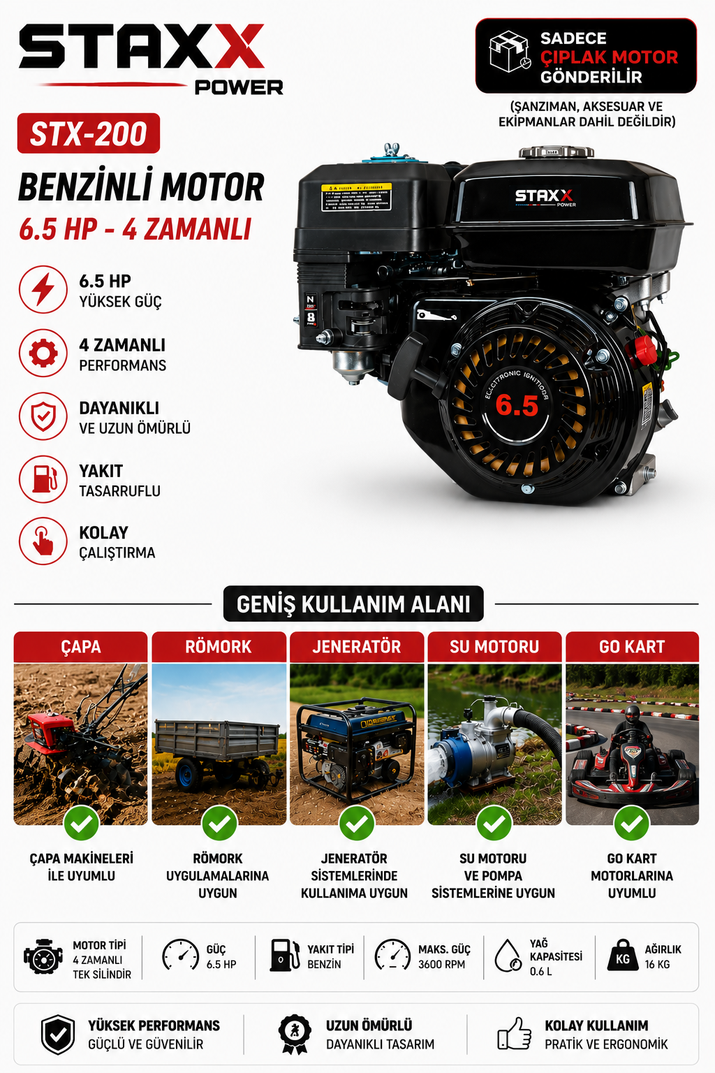 Çok Amaçlı Benzinli Motor 6.5 HP 4 Zamanlı Çapa Su Motoru Jeneratör Go Kart İçin 19mm Kamalı Seri