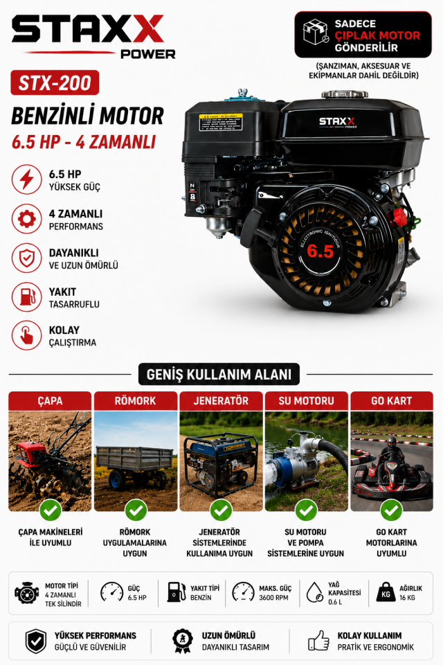 Çok Amaçlı Benzinli Motor 6.5 HP 4 Zamanlı Çapa Su Motoru Jeneratör Go Kart İçin 19mm Kamalı Seri