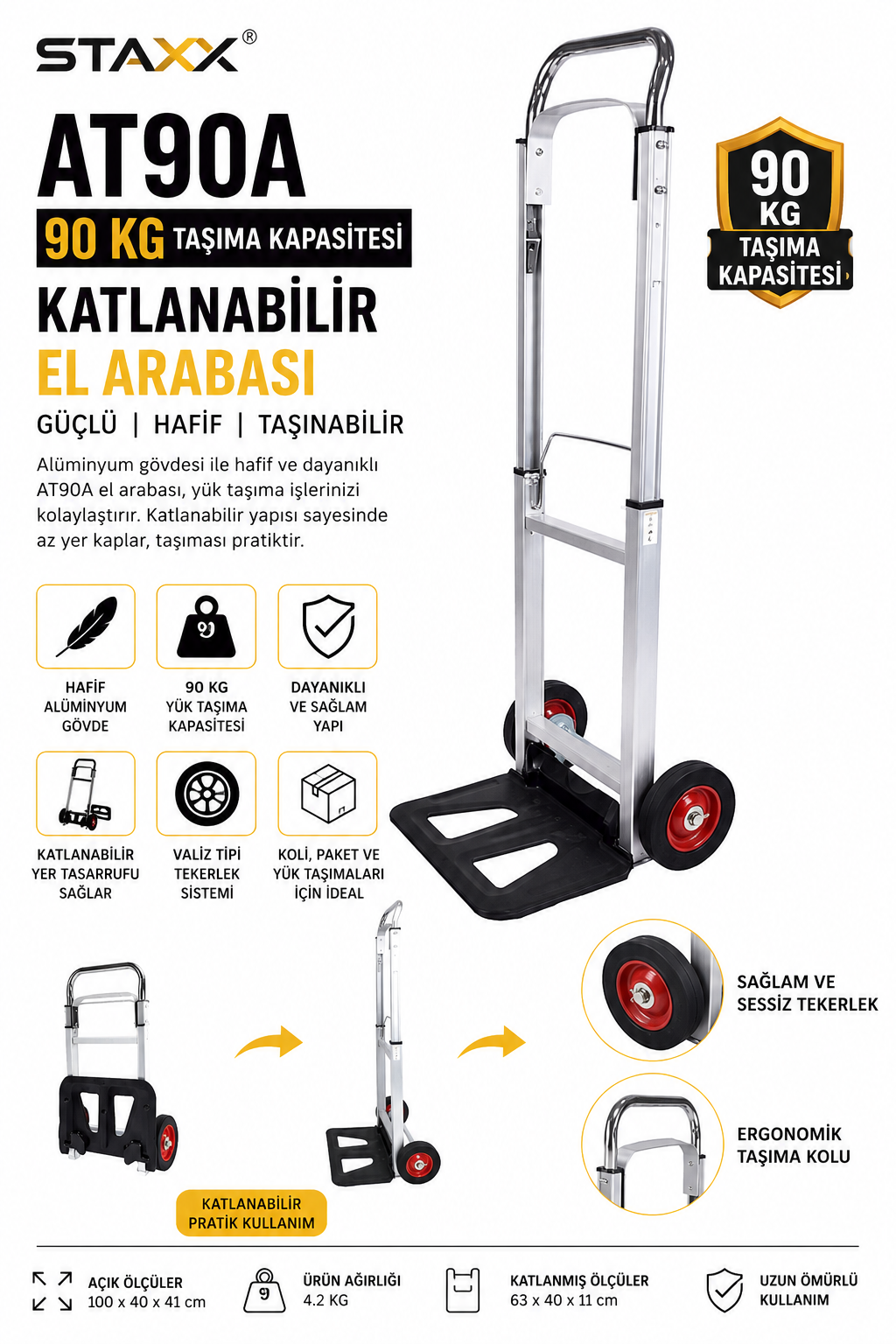 AT90A 90 Kg Katlanabilir El Arabası Alüminyum Koli Paket Yük Taşıma Arabası Teleskopik Valiz Tipi
