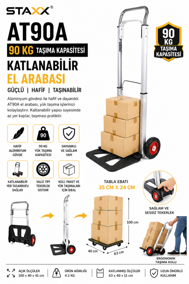 Alüminyum Katlanır El Arabası 90 Kg Sessiz Tekerlekli Koli Taşıma Arabası Koli Yük Paket Taşıma