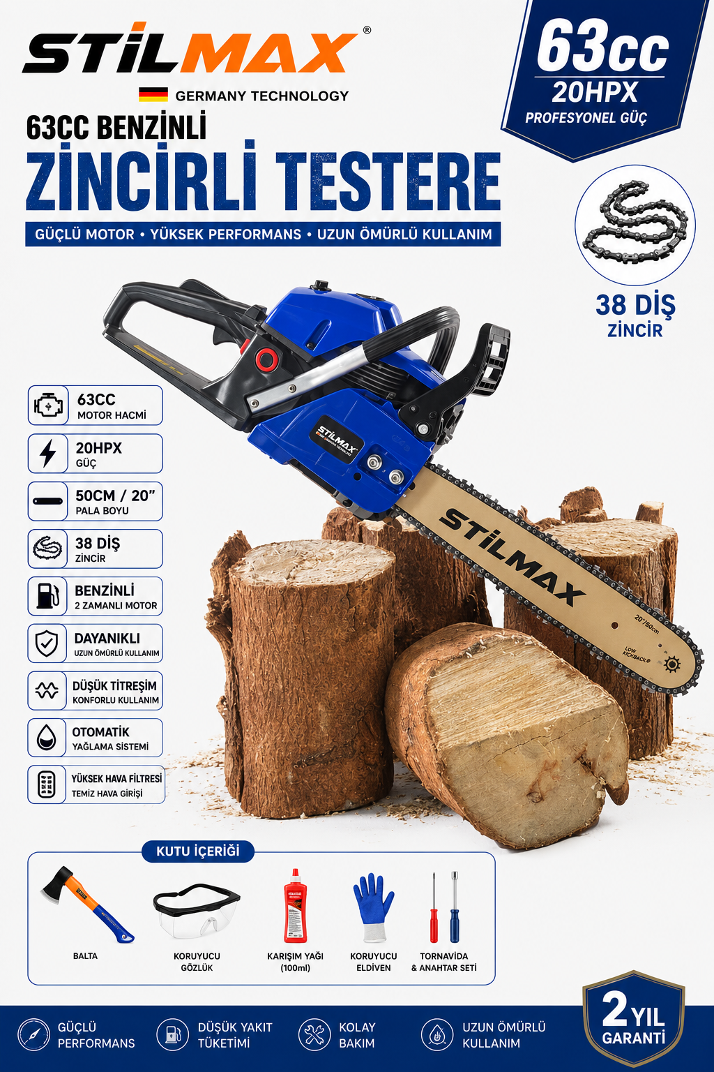 63CC Benzinli Motorlu Testere 20'' 50 cm 38 Diş Zincirli Ağaç Odun Kesme Dal Budama Zincir Testere