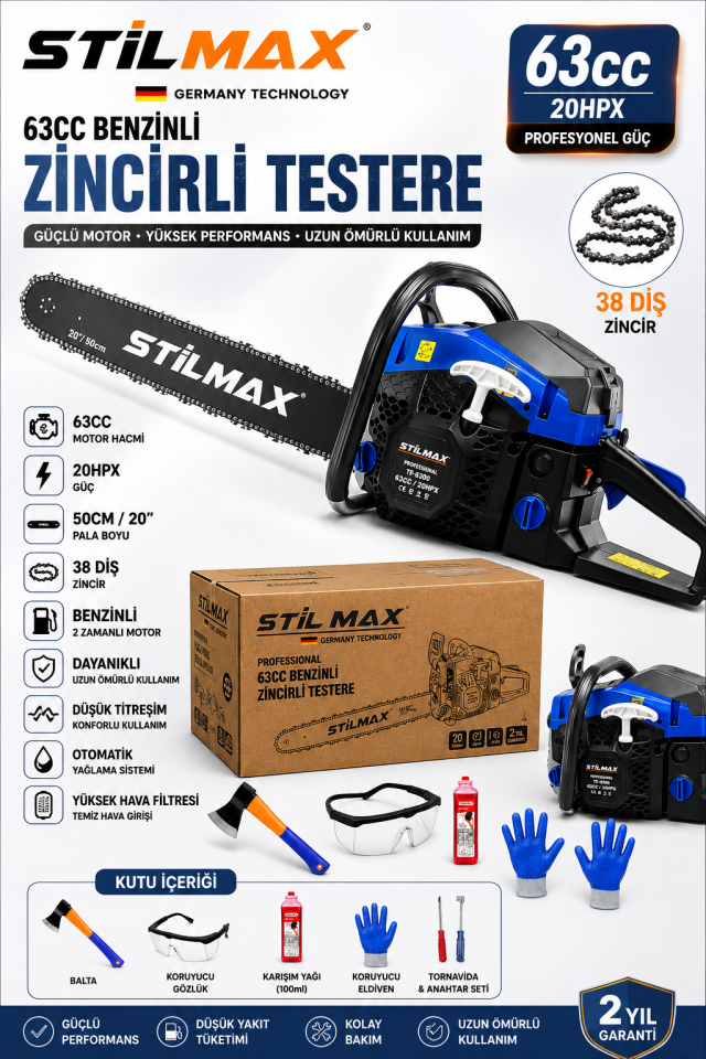 63CC Benzinli Motorlu Testere 20'' 50 cm 38 Diş Zincirli Ağaç Odun Kesme Dal Budama Zincir Testere
