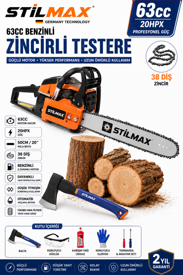 63CC Turbo 9200 Benzinli Ağaç Odun Dal Kesme Makinesi Motorlu Testere Zincirli Ağaç Kesme 50CM Pala
