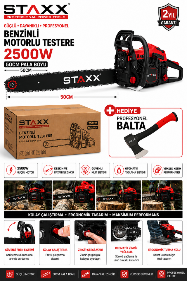2500W Benzinli Motorlu Testere 50CM Pala 38 Diş Zincir Ağaç Odun Dal Kesme Makinesi + Balta Hediyeli