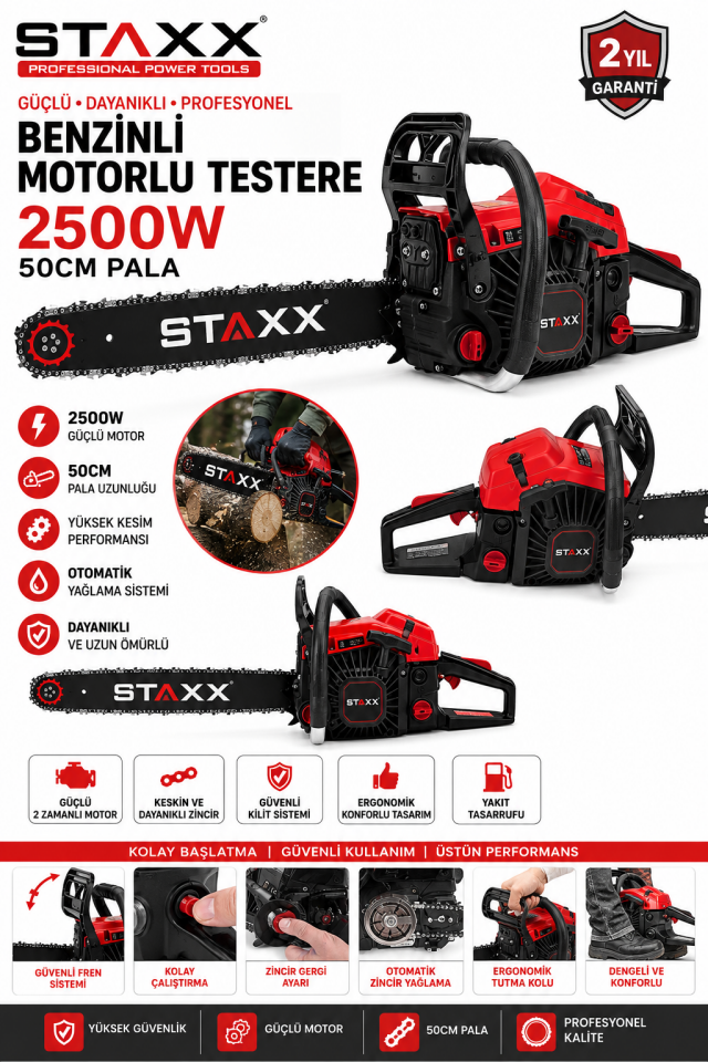 2500W Benzinli Motorlu Testere 50CM Pala 38 Diş Zincir Ağaç Odun Dal Kesme Makinesi + Balta Hediyeli