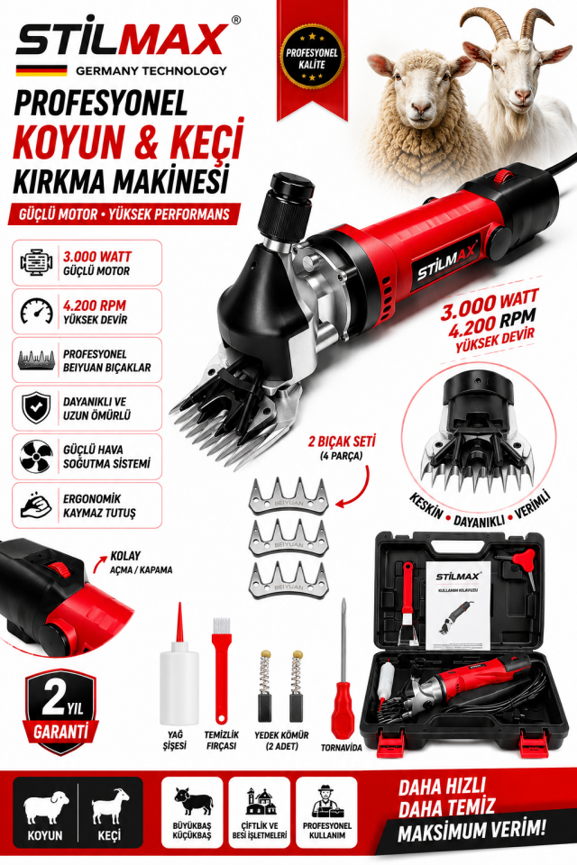 Elektrikli Koyun Kırkma Makinesi 3000W 4200 RPM Keçi Büyükbaş Küçükbaş Hayvan Kırpma Seti Çantalı