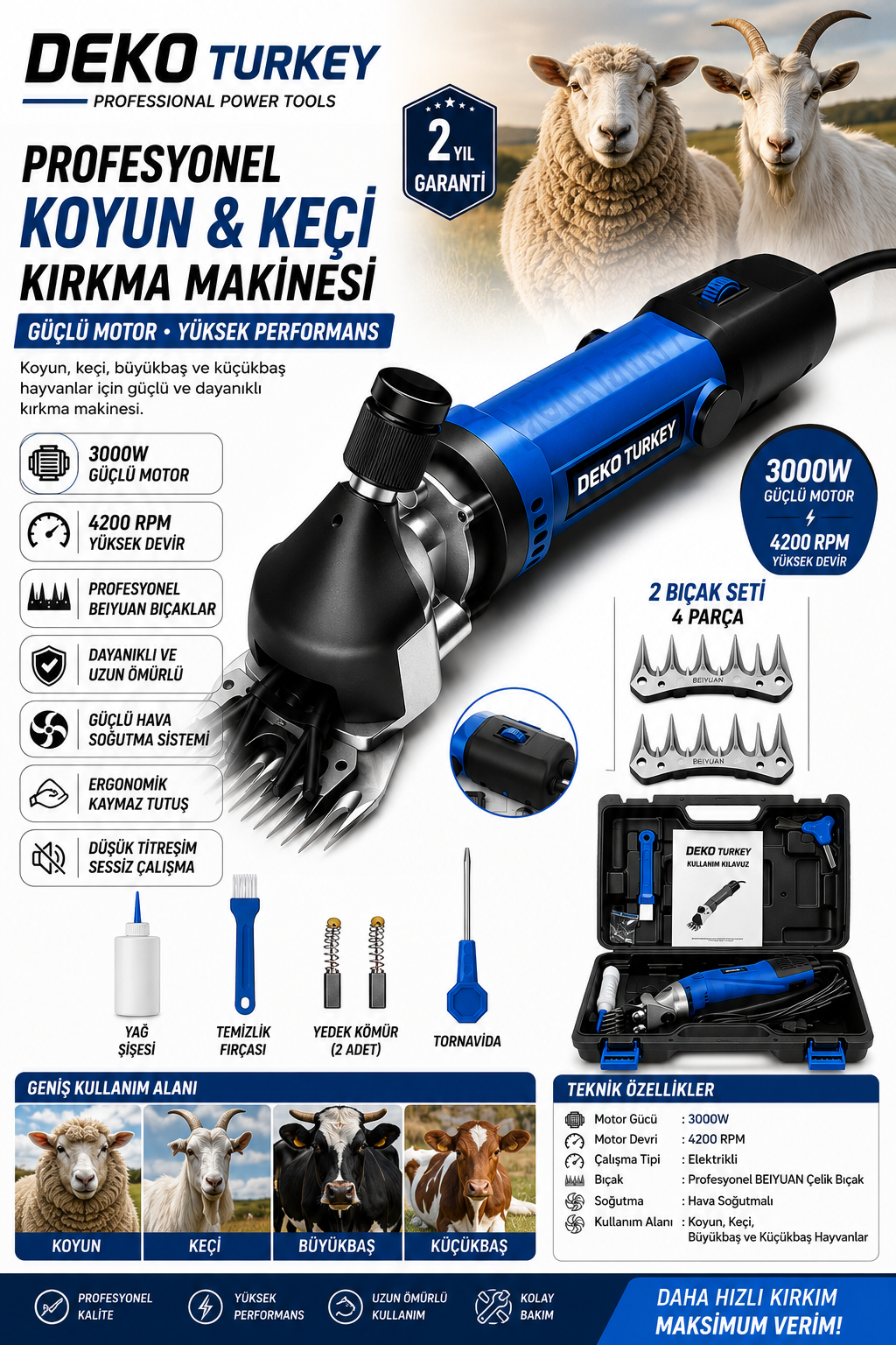 Elektrikli Koyun Kırkma Makinesi 3000W 4200 RPM Keçi Büyükbaş Küçükbaş Hayvan Kırpma Seti Çantalı