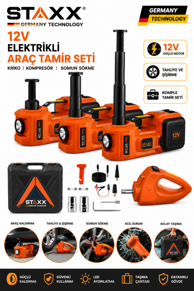 12V Elektrikli Kriko Seti 5 Ton Kompresör 480Nm Somun Sökme Makinesi LED Fenerli Full Araç Tamir Set