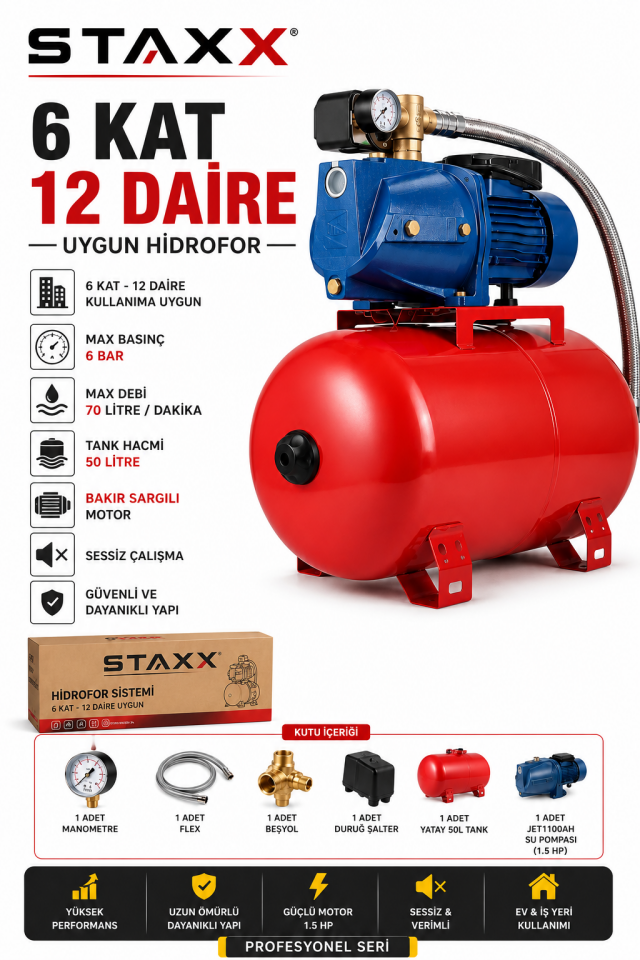 50 Litre Hidrofor 2 HP Jet Su Pompası 6 Bar Bakır Sargılı Sessiz Hidrofor Sistemi 6 Kat 12 Daire
