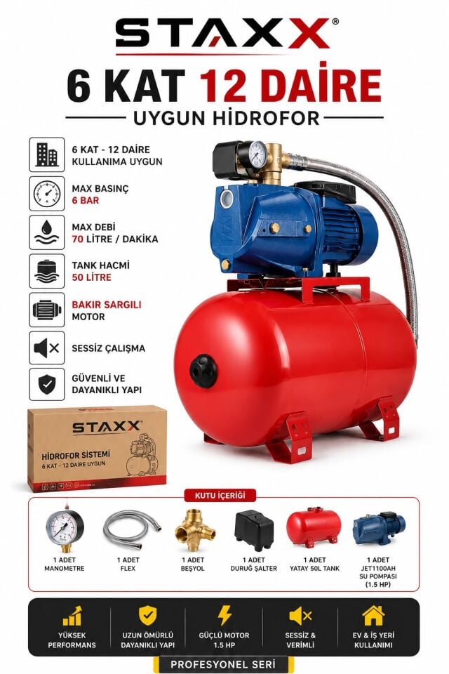 50 Litre Hidrofor 2 HP Jet Su Pompası 6 Bar Bakır Sargılı Sessiz Hidrofor Sistemi 6 Kat 12 Daire