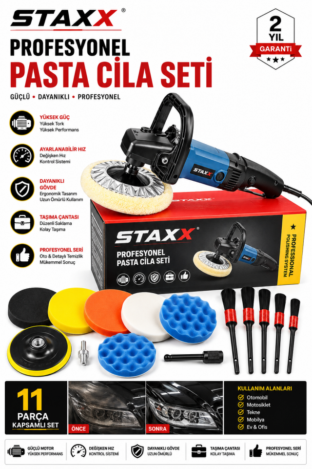 1400W Pasta Cila Polisaj Makinesi 180 mm Devir Ayarlı Bakır Sargılı 11 Parça Full Set Çantalı