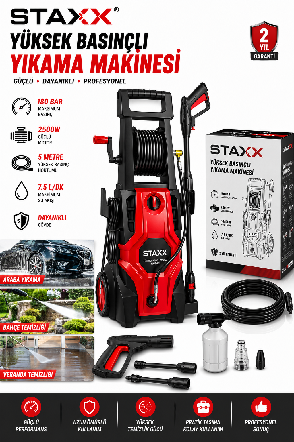 180 Bar Profesyonel Basınçlı Yıkama Makinesi | 2500W Bakır Motor | Köpük Tabancalı Full Set
