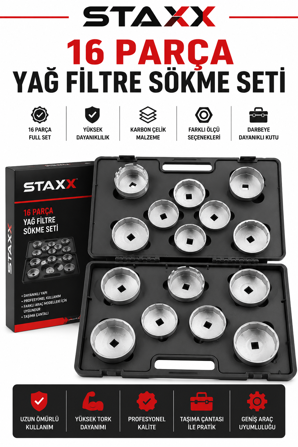 16 Parça Yağ Filtre Sökme Anahtar Seti Universal Cup Tip Filtre Lokma Takımı Taşıma Çantalı Full Set