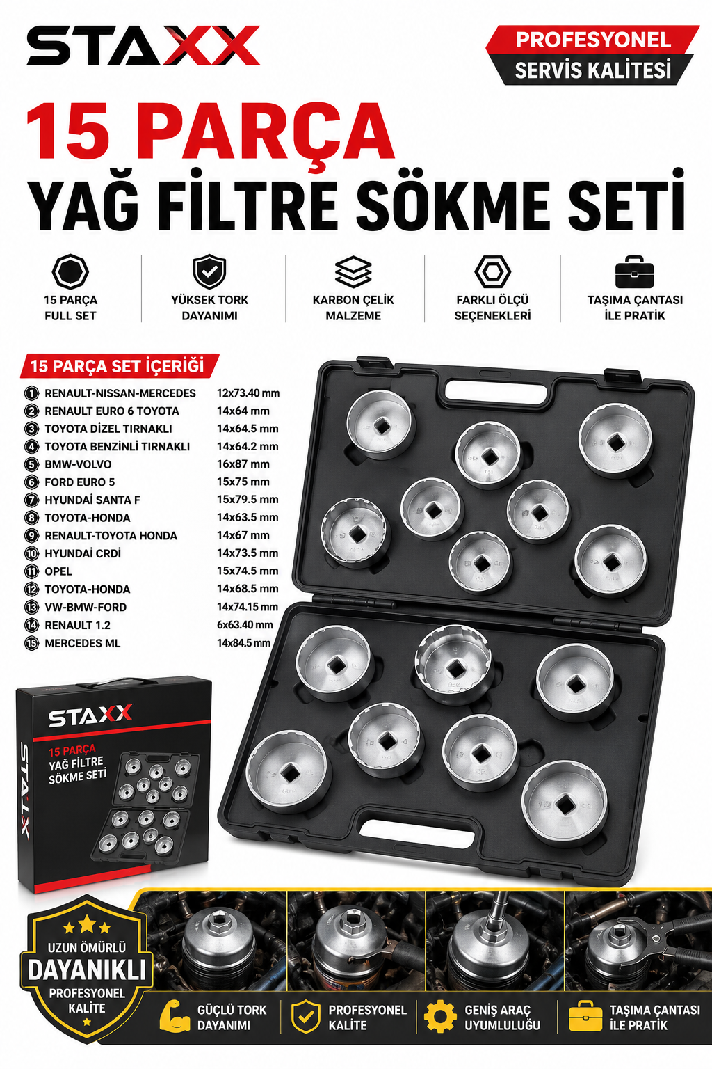 16 Parça Yağ Filtre Sökme Seti  Universal Filtre Lokma Anahtar Takımı Cup Tip Servis Tipi Full Set