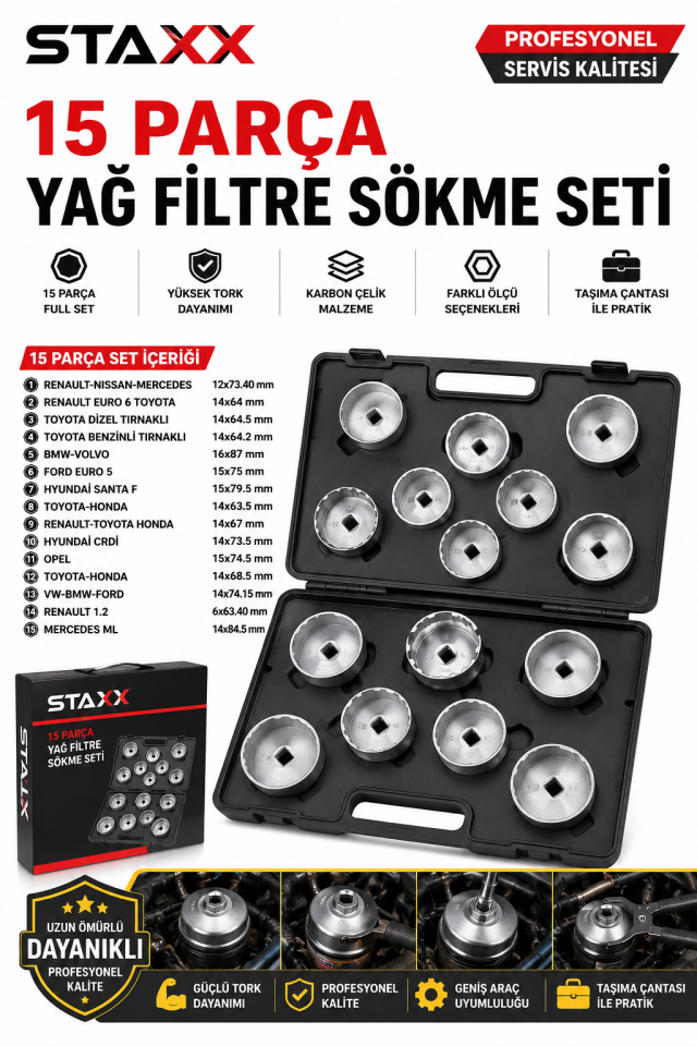 16 Parça Yağ Filtre Sökme Seti  Universal Filtre Lokma Anahtar Takımı Cup Tip Servis Tipi Full Set