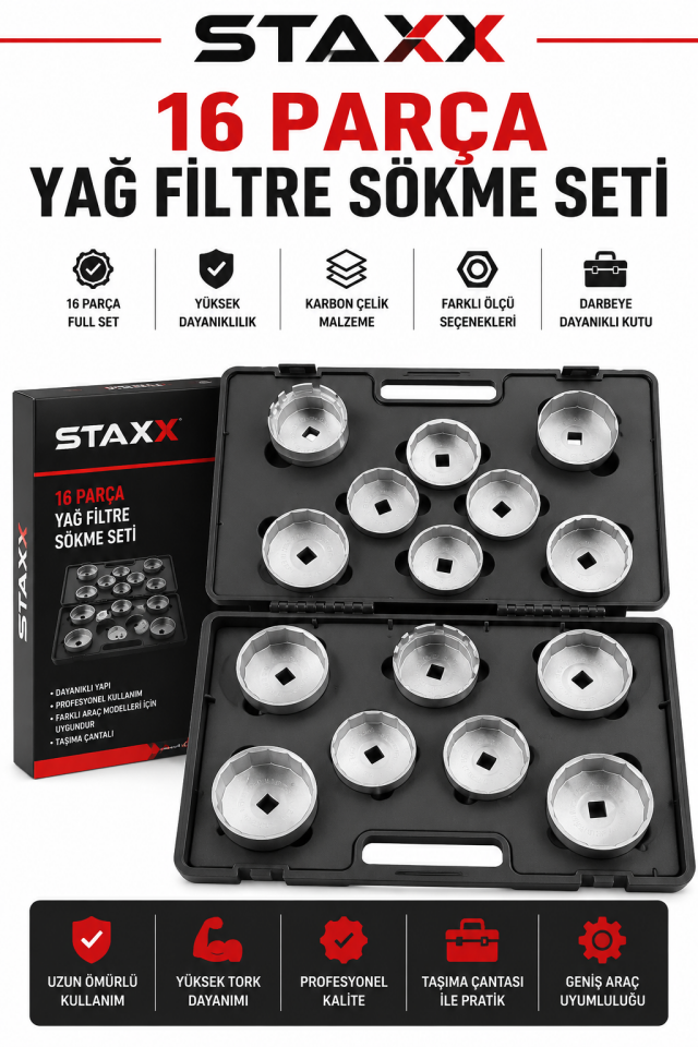 16 Parça Yağ Filtre Sökme Seti  Universal Filtre Lokma Anahtar Takımı Cup Tip Servis Tipi Full Set
