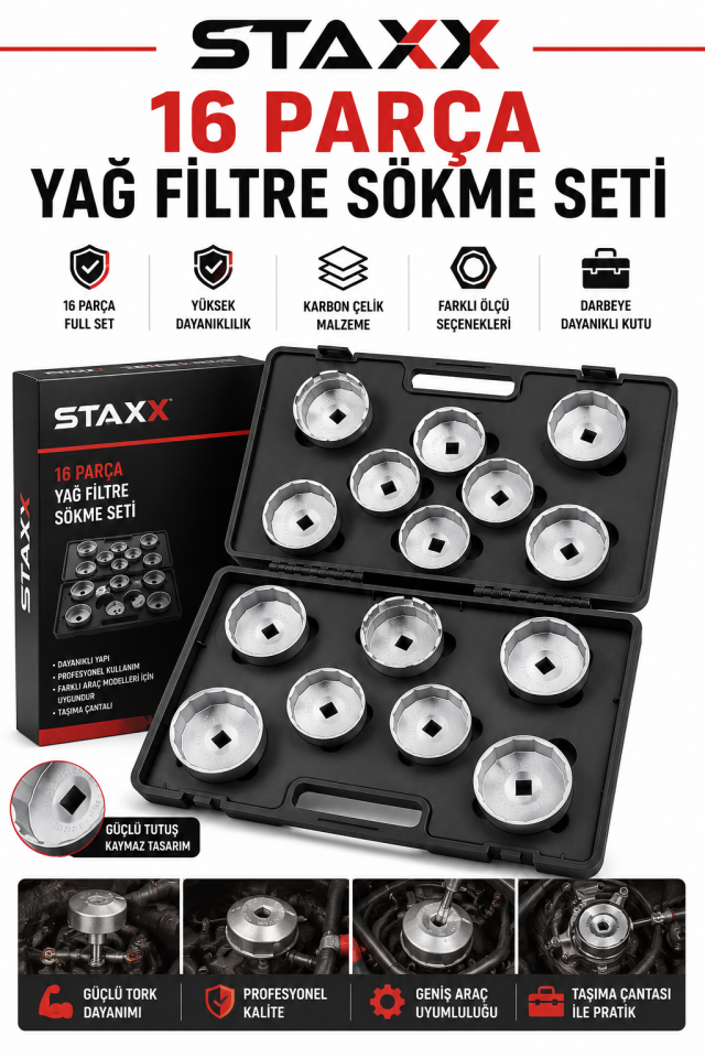 16 Parça Yağ Filtre Sökme Seti  Universal Filtre Lokma Anahtar Takımı Cup Tip Servis Tipi Full Set