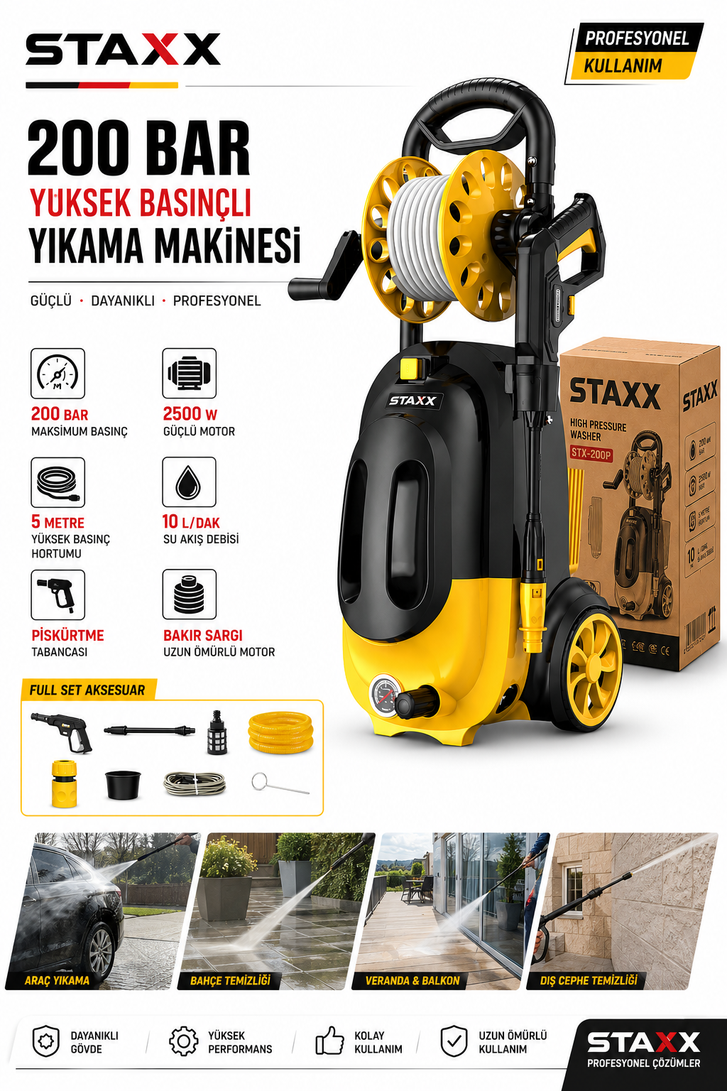 200 Bar Basınçlı Yıkama Makinesi Çelik Şanzıman Bakır Sargılı Motor Köpük Aparatı Hortum Makaralı