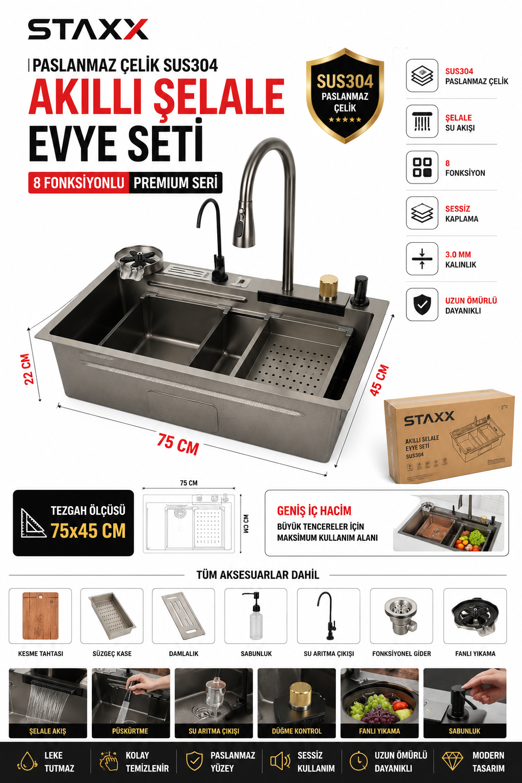 SUS304 Paslanmaz Çelik Akıllı Şelale Mutfak Evyesi 75x45 cm | 8 Fonksiyonlu Ankastre Evye Seti