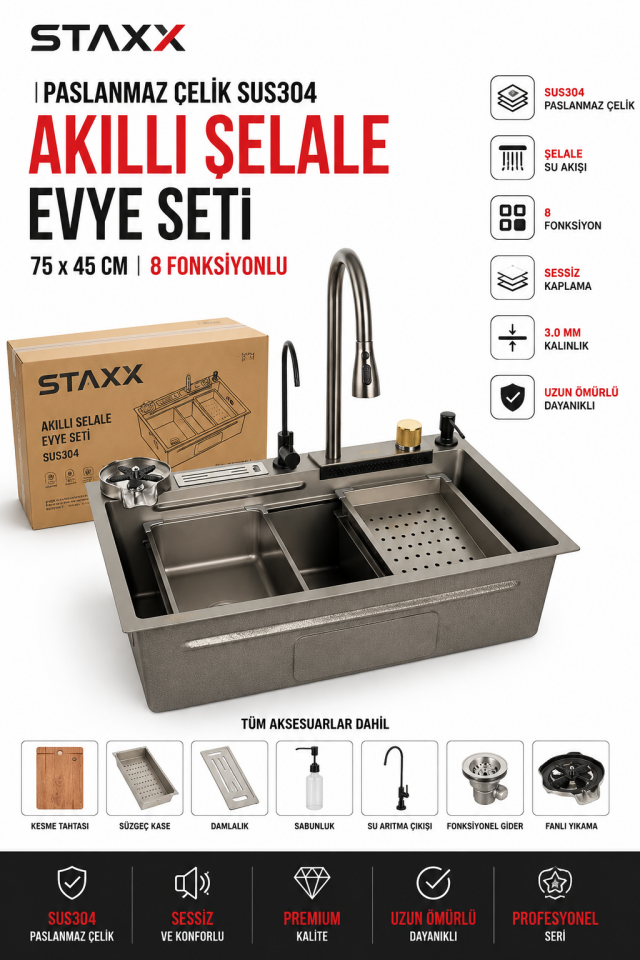 SUS304 Paslanmaz Çelik Akıllı Şelale Mutfak Evyesi 75x45 cm | 8 Fonksiyonlu Ankastre Evye Seti