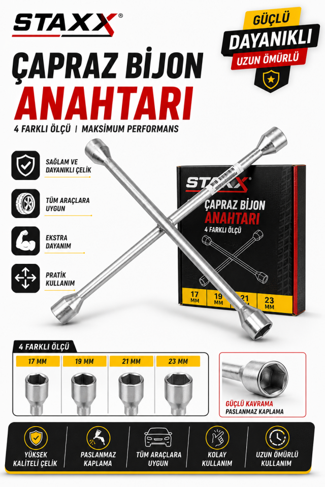 Çapraz Bijon Anahtarı 17-19-21-23 mm | Ağır Hizmet Çelik Bijon Sökme Anahtarı |Binek ve Hafif Ticari