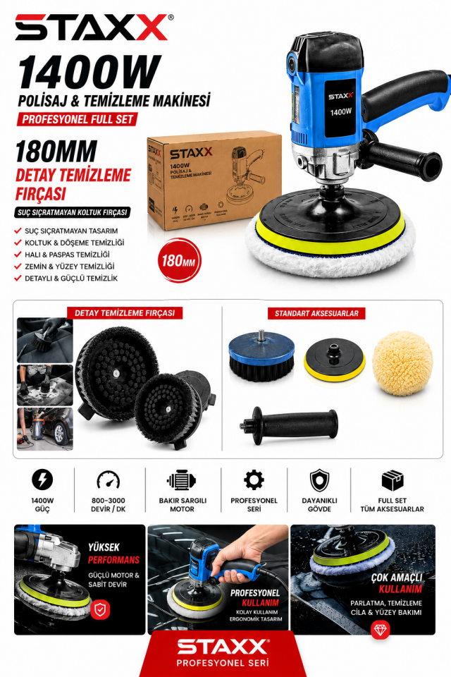 180MM Koltuk Temizleme Polisaj Makinesi | Oto Kuaför Detay Temizlik Fırçası | Halı, Döşeme ve Paspas